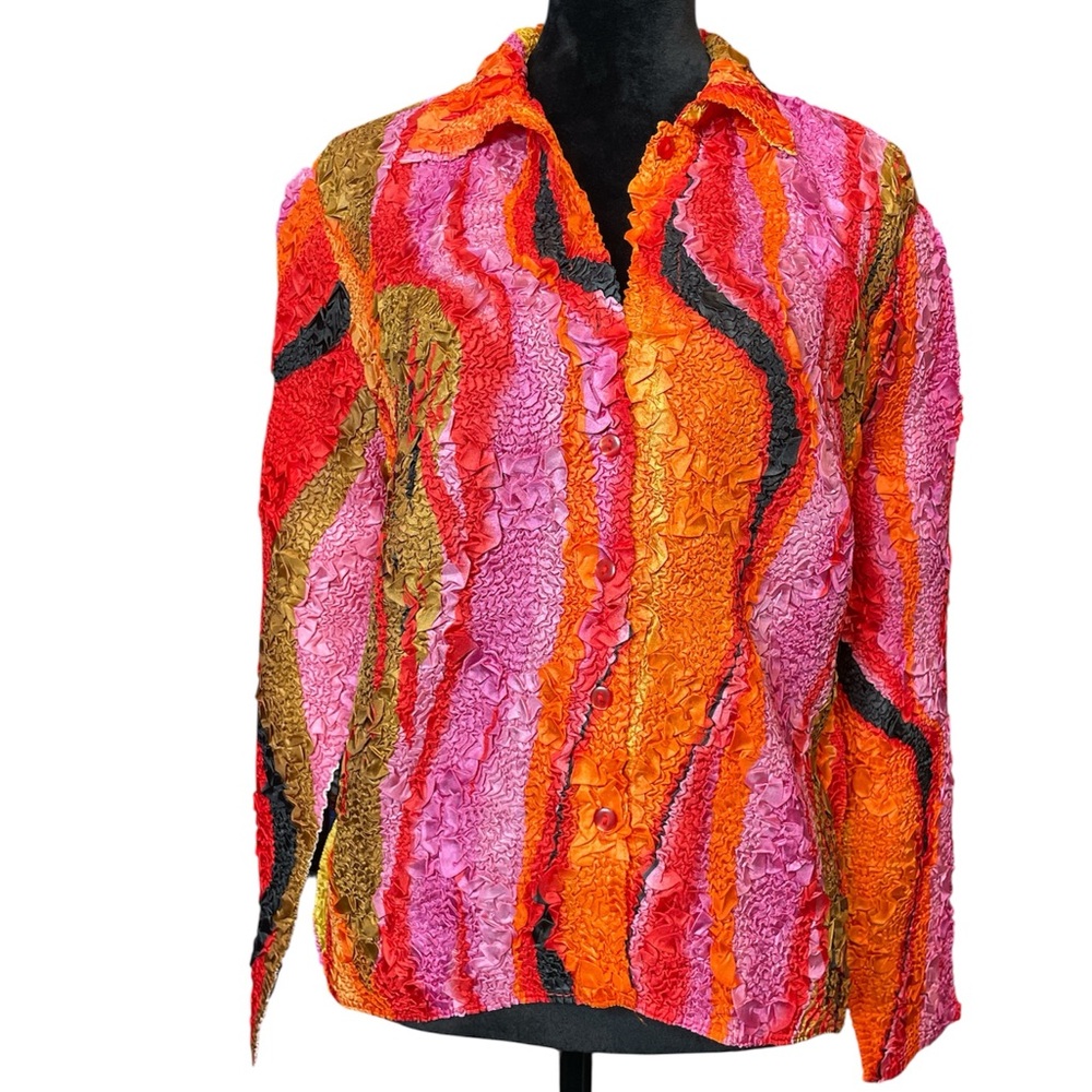 Pleats Collection by Pings Imports Colorful Textured Long Sleeve Button Down Top